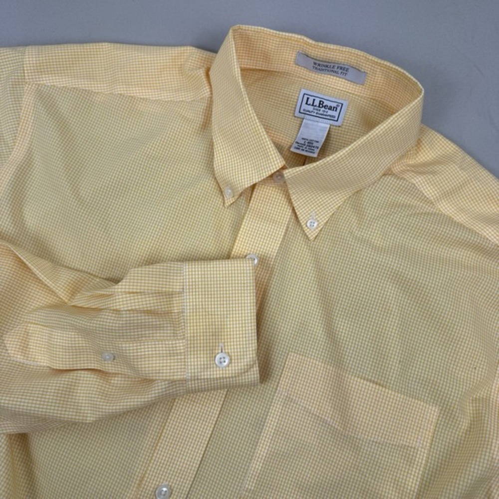 LL Bean Mens Long Sleeve Button‎ Down Dress Shirt Yellow/White Wrinkle Free - L